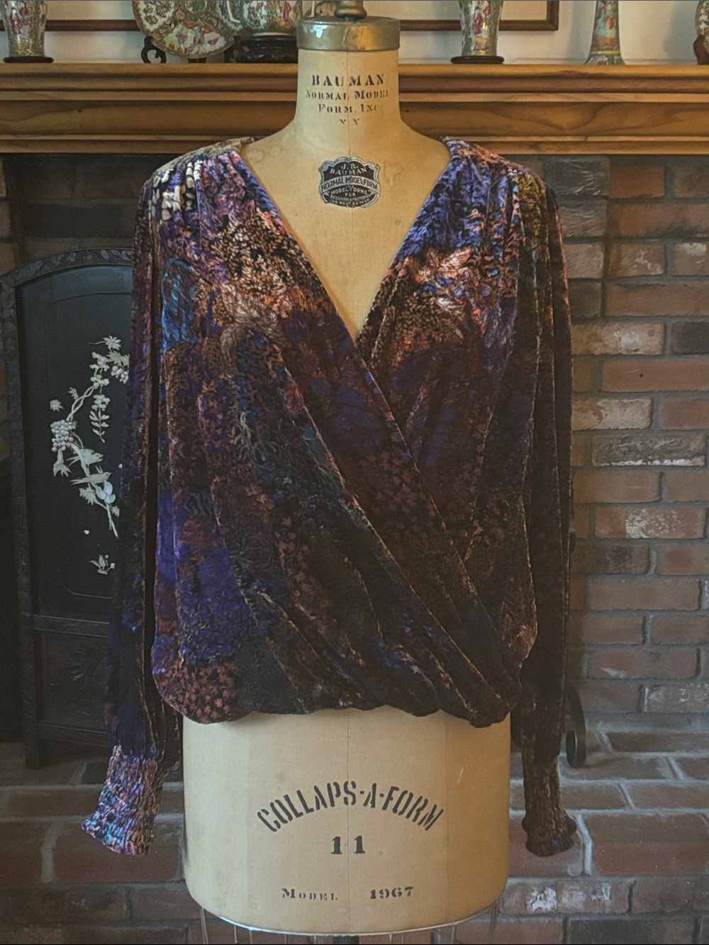 Anthropologie Velvet Wrap-Front Blouse in Purple and Brown